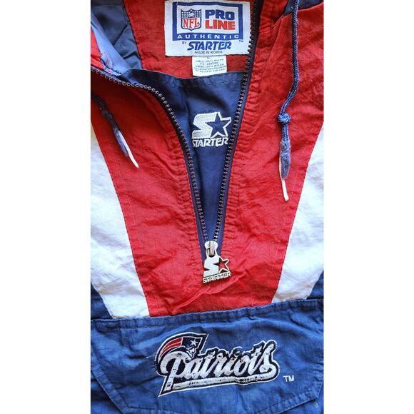 New England Patriots 90s STARTER puffer Pullover jacket yth L blue NFL Pro vtg - Picture 3 of 12